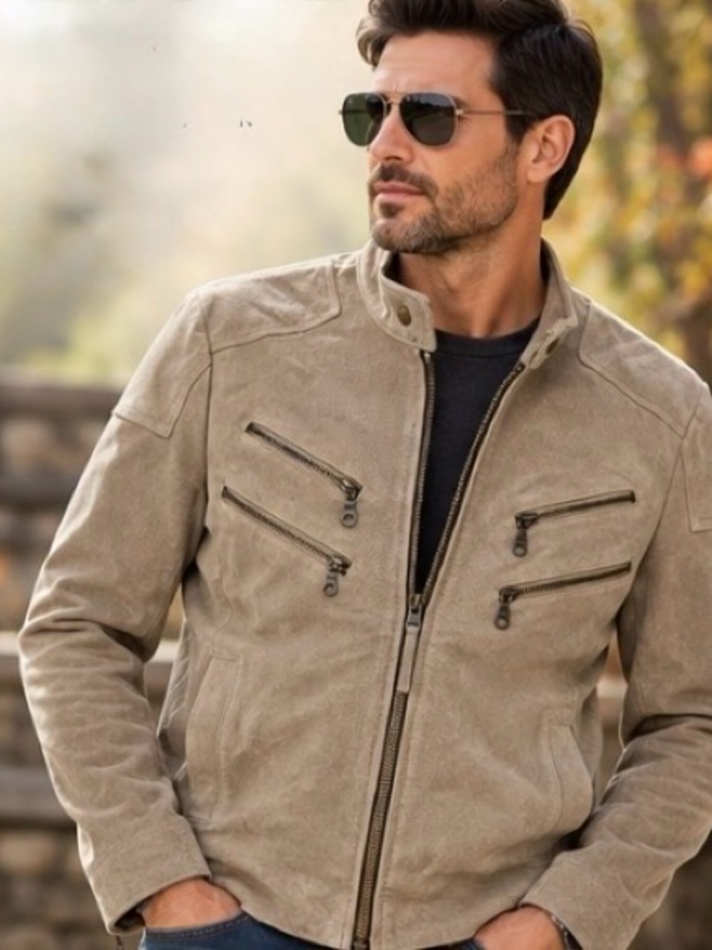 Red Squad Men’s XS Genuine Suede Leather Moto Jacket Beige Tan